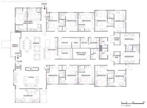 Architectural floor plan of Willow Creek West AFC facility showing layout including manager apartment, multiple bedrooms, dining area, kitchen, office, medical room, laundry, storage, living room, sunroom, and various closets and utility rooms.