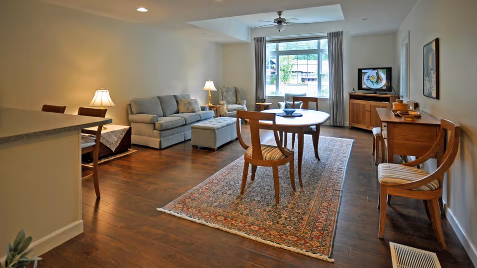 Open living and dining area with a sofa and ottoman, round dining table on a patterned rug, wooden chairs, TV cabinet and a large window.