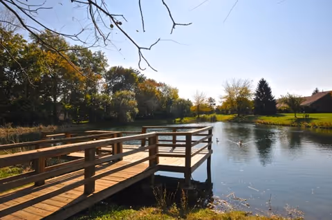 A wooden dock extending over a calm pond surrounded by trees with autumn foliage under a clear blue sky.