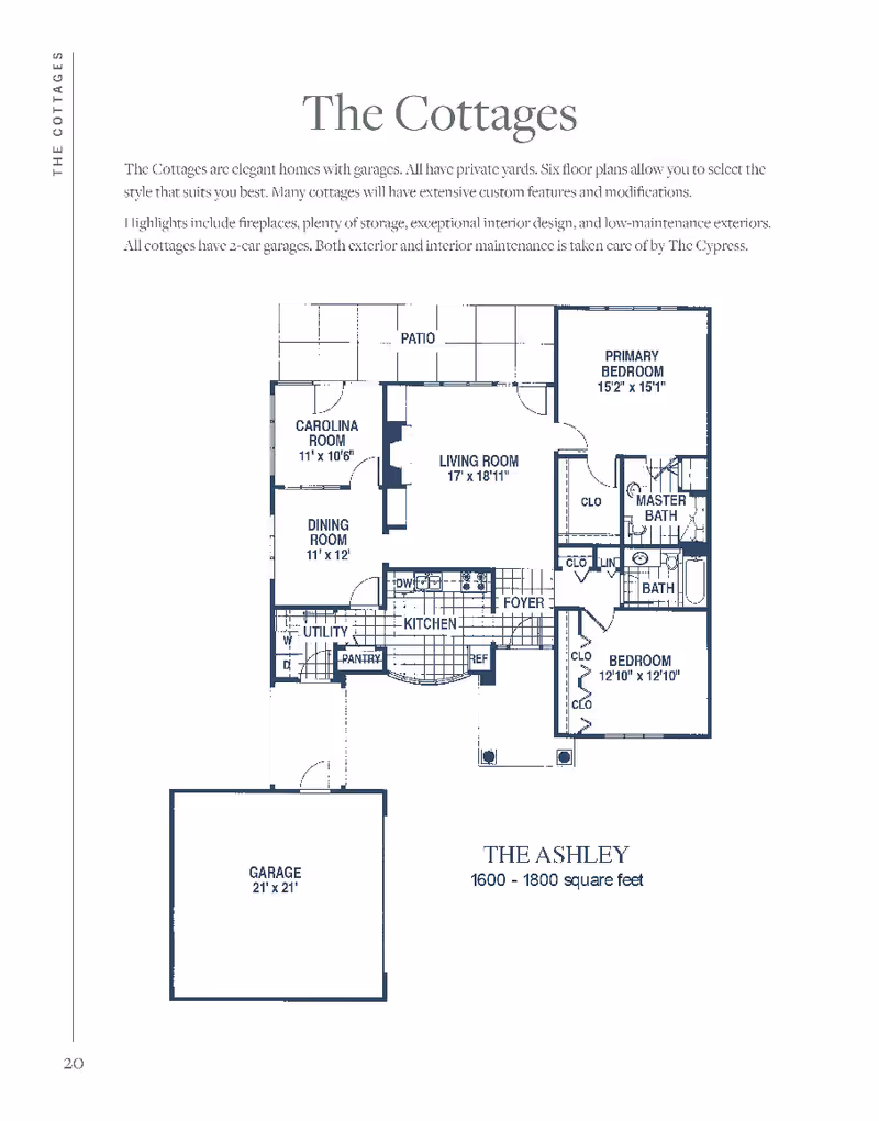 Floor plan layout of The Ashley cottage at The Cypress of Charlotte, showing rooms including primary bedroom, bedroom, master bath, bath, living room, Carolina room, dining room, kitchen, utility, pantry, foyer, patio, and a garage. The plan indicates room dimensions and highlights features such as closets and storage areas.