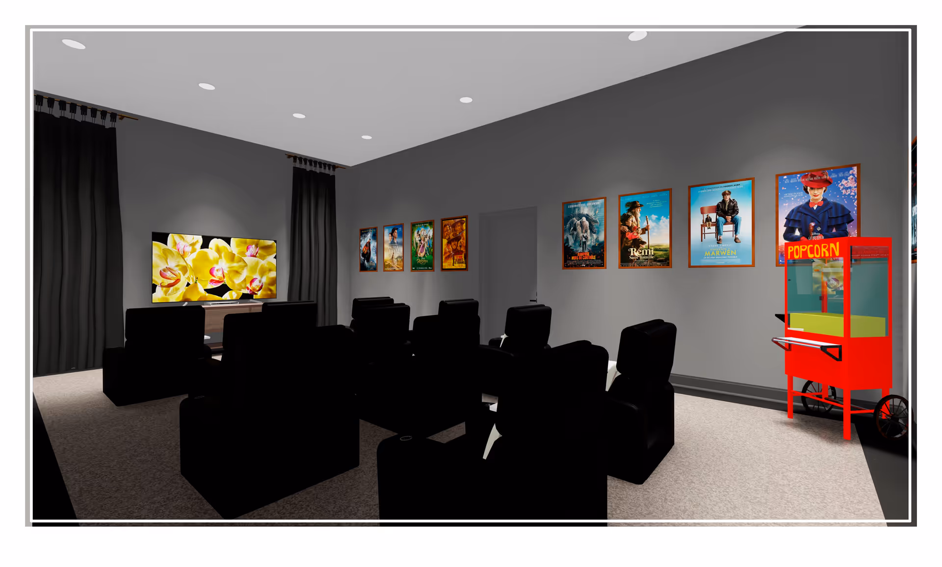 A small media room with rows of black recliner seats facing a large TV, movie posters on the wall and a red popcorn machine in the corner.