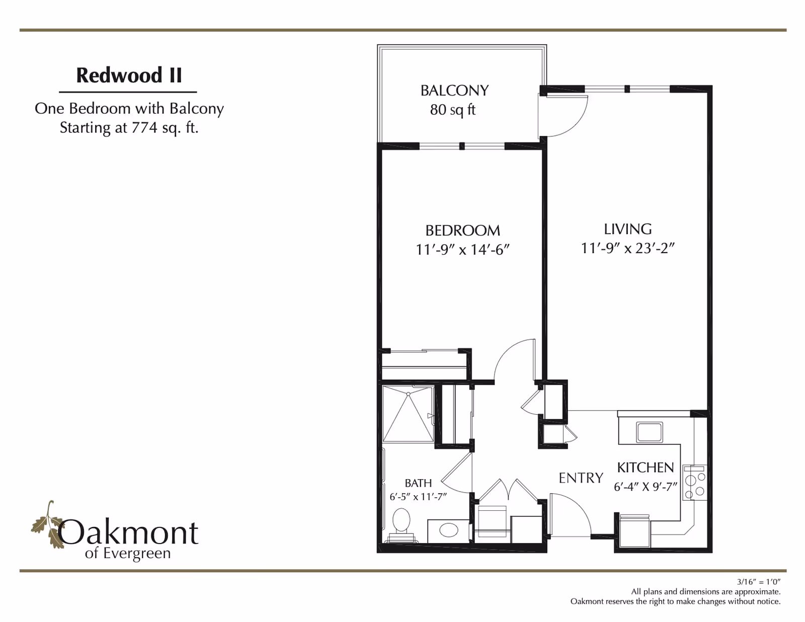 Black-and-white floor plan titled 'Redwood II' showing a one-bedroom apartment with balcony, living room, kitchen, bath, and entry.