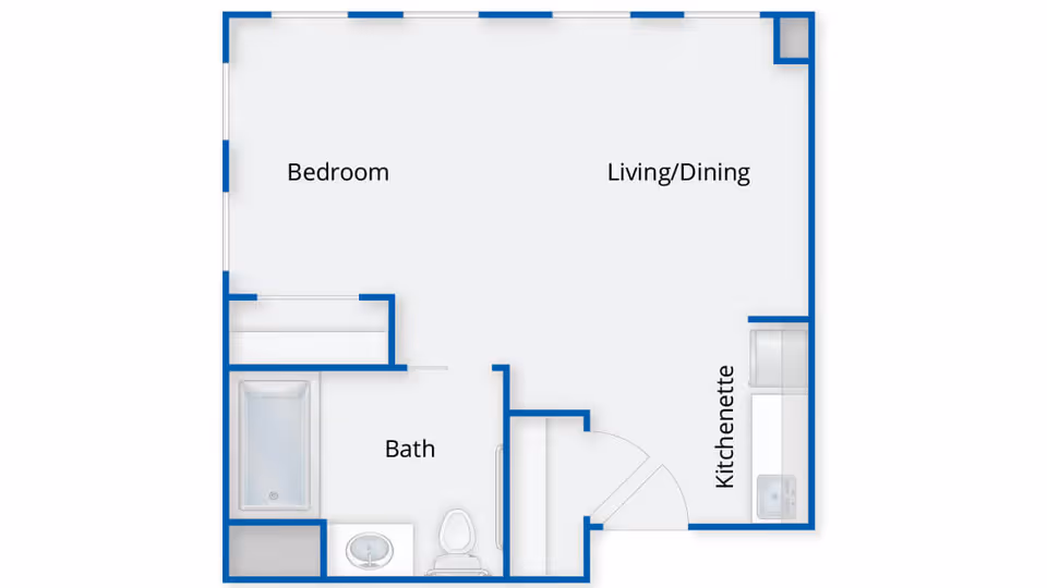 Floor plan of a living space at Coachman Square at Woodbridge showing a bedroom, living/dining area, bath with bathtub, sink, and toilet, and a kitchenette near the entrance.