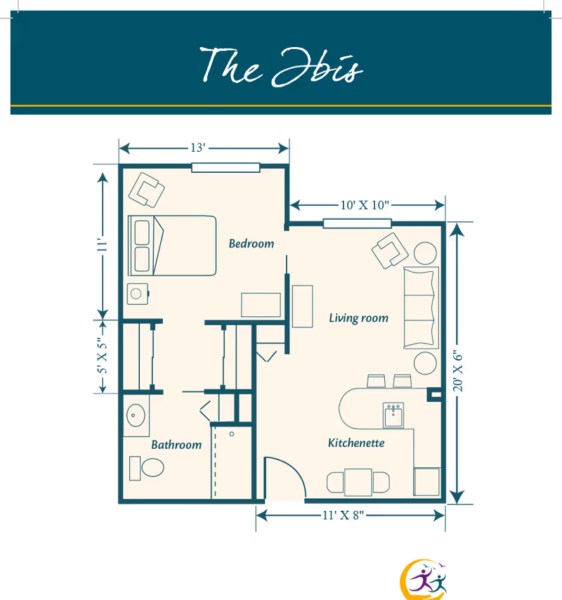 Floor plan titled 'The Ibis' showing a one-bedroom apartment layout with bedroom, bathroom, living room, and kitchenette.