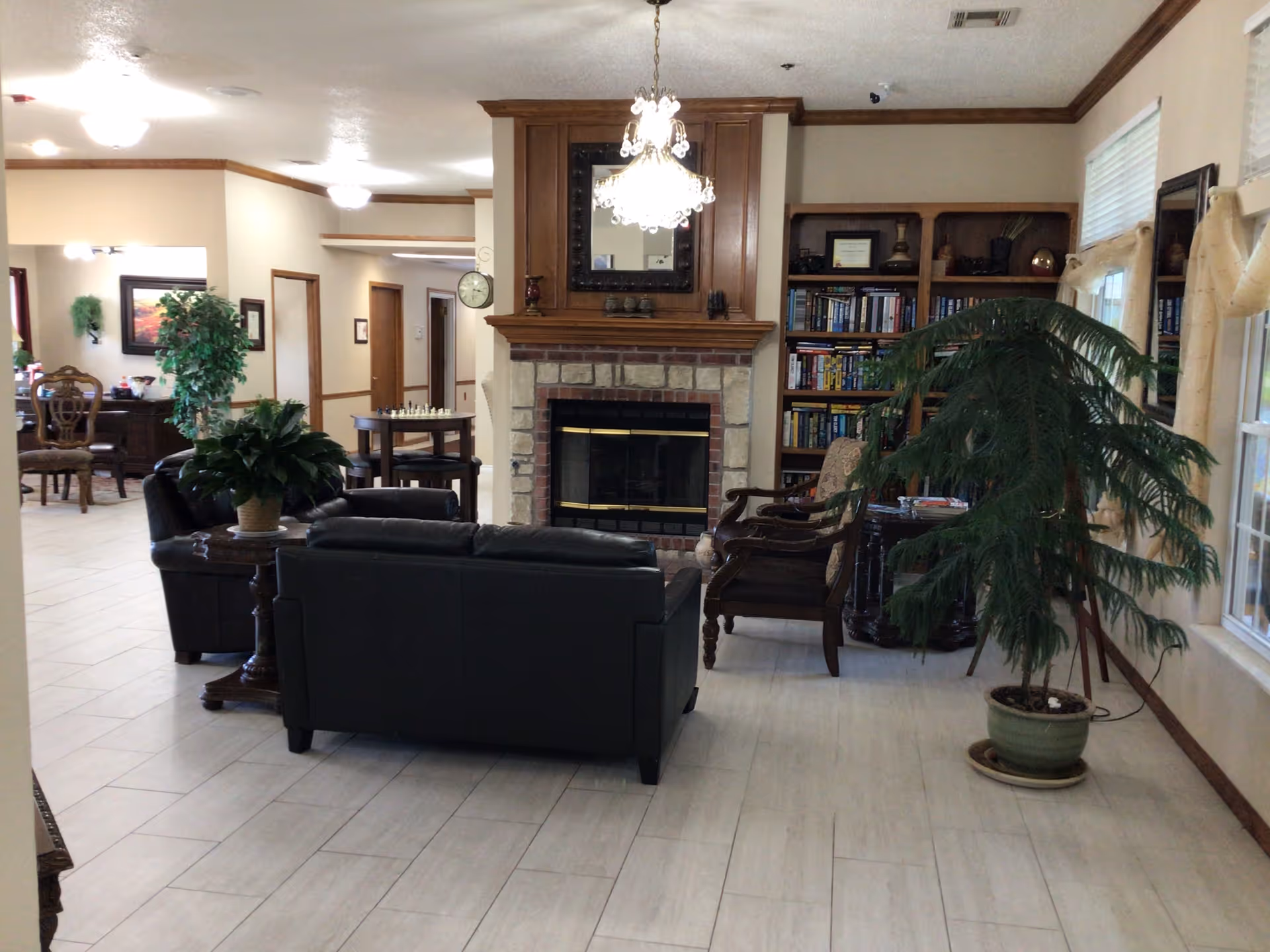 Lounge area featuring a fireplace, chandelier, leather seating, bookshelves, and plants.
