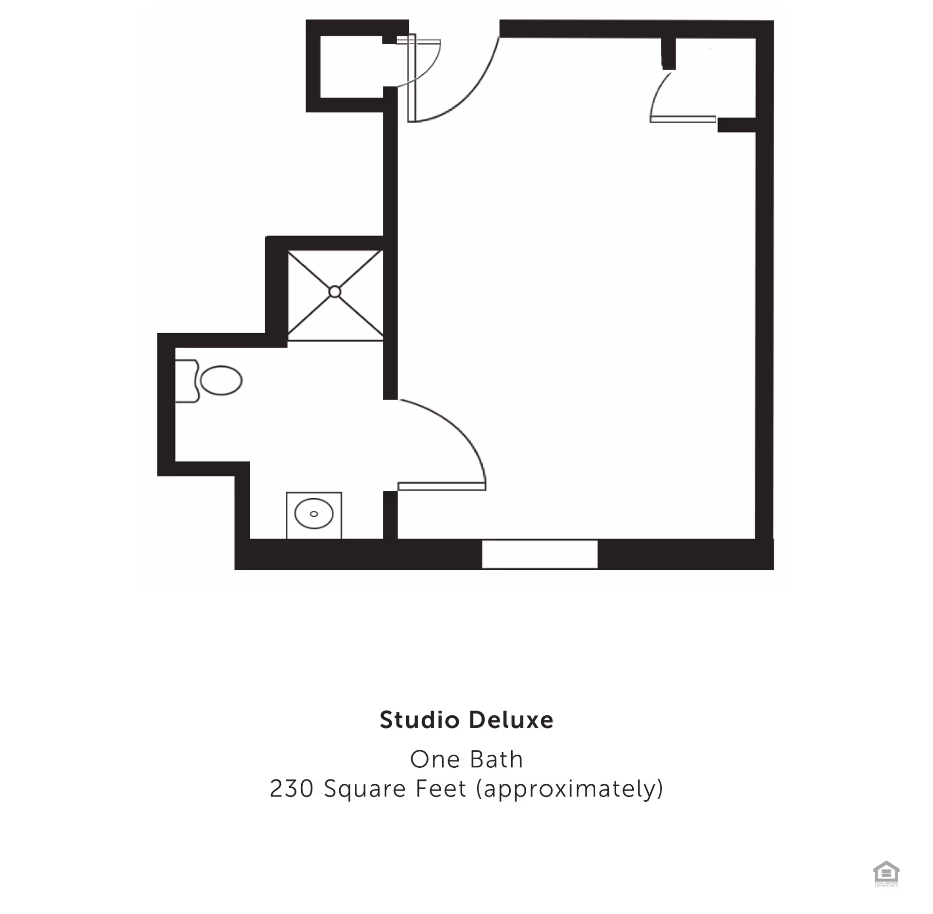 Floor plan of a Studio Deluxe apartment at Kanawha Place showing one bathroom and approximately 230 square feet of space. The layout includes a main living area, a bathroom with a toilet, sink, and shower, and two entry doors.