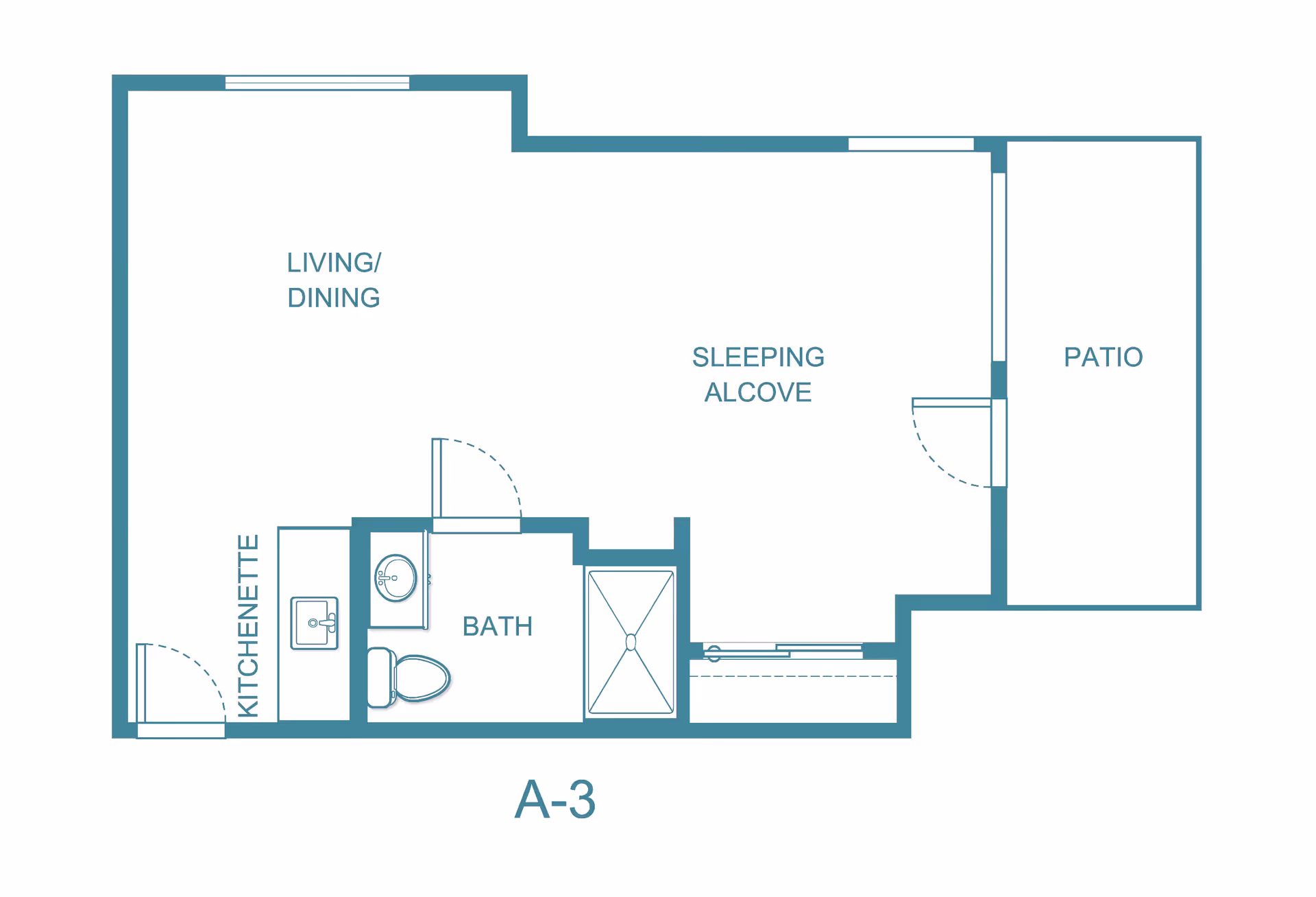 Floor plan of a senior living unit labeled A-3 at Independence Village of Columbus, showing a living/dining area, kitchenette, bath with toilet and sink, sleeping alcove, and a patio.