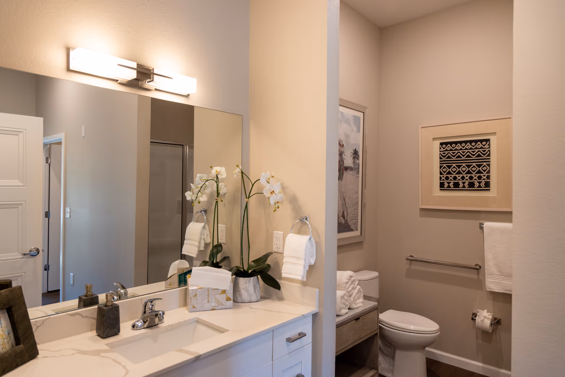 A modern bathroom featuring a white countertop with a sink, a large mirror, and a light fixture above. There is a potted orchid plant, a tissue box, and soap dispenser on the counter. In the background, a toilet is visible with a towel rack above it and framed artwork on the walls. The bathroom has neutral-colored walls and a clean, organized appearance.