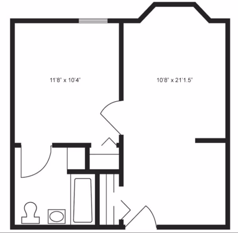 Black and white architectural floor plan showing a layout with a bathroom, a bedroom measuring 11'8" by 10'4", and a larger living area measuring 10'8" by 21'1.5". The plan includes doors, walls, and bathroom fixtures such as a toilet, sink, and bathtub.