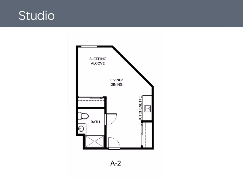 Floor plan of a studio apartment labeled A-2 at Holiday Walnut Woods, showing a sleeping alcove, living/dining area, kitchenette, and a bathroom with a toilet, sink, and shower.
