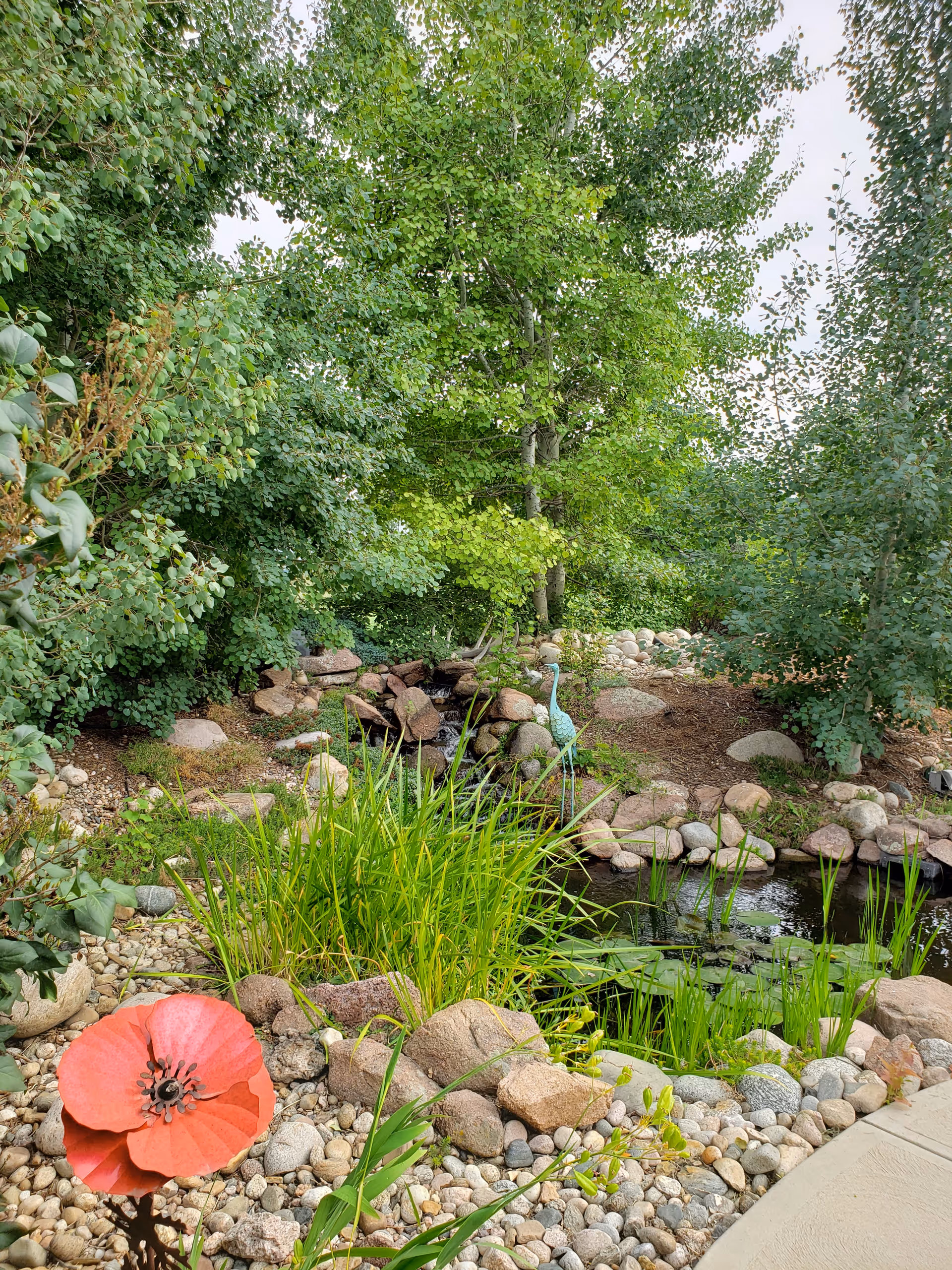 A serene outdoor garden area featuring a small pond surrounded by rocks and green plants. There are various trees and bushes in the background, and a decorative red flower sculpture is visible in the foreground near the pond.