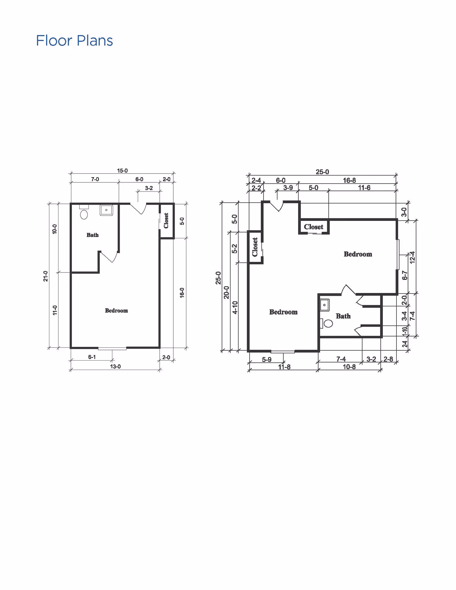 Architectural floor plans showing two layouts with labeled rooms including bedrooms, bathrooms, and closets, along with measurements in feet and inches.