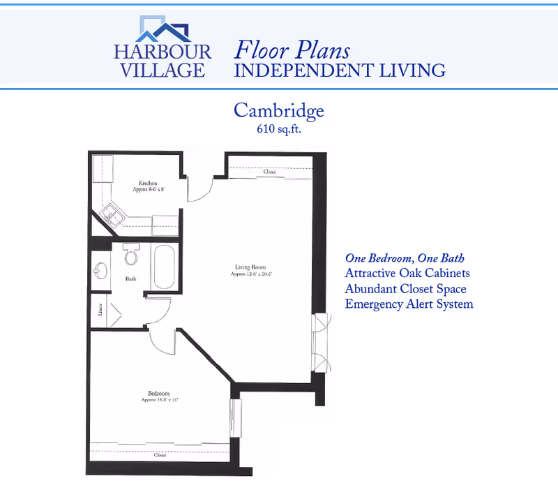 Floor plan of the Cambridge independent living unit at Harbour Village, showing a layout with one bedroom, one bathroom, a kitchen, living room, closets, and linen storage. The plan includes approximate room dimensions and highlights features such as attractive oak cabinets, abundant closet space, and an emergency alert system.
