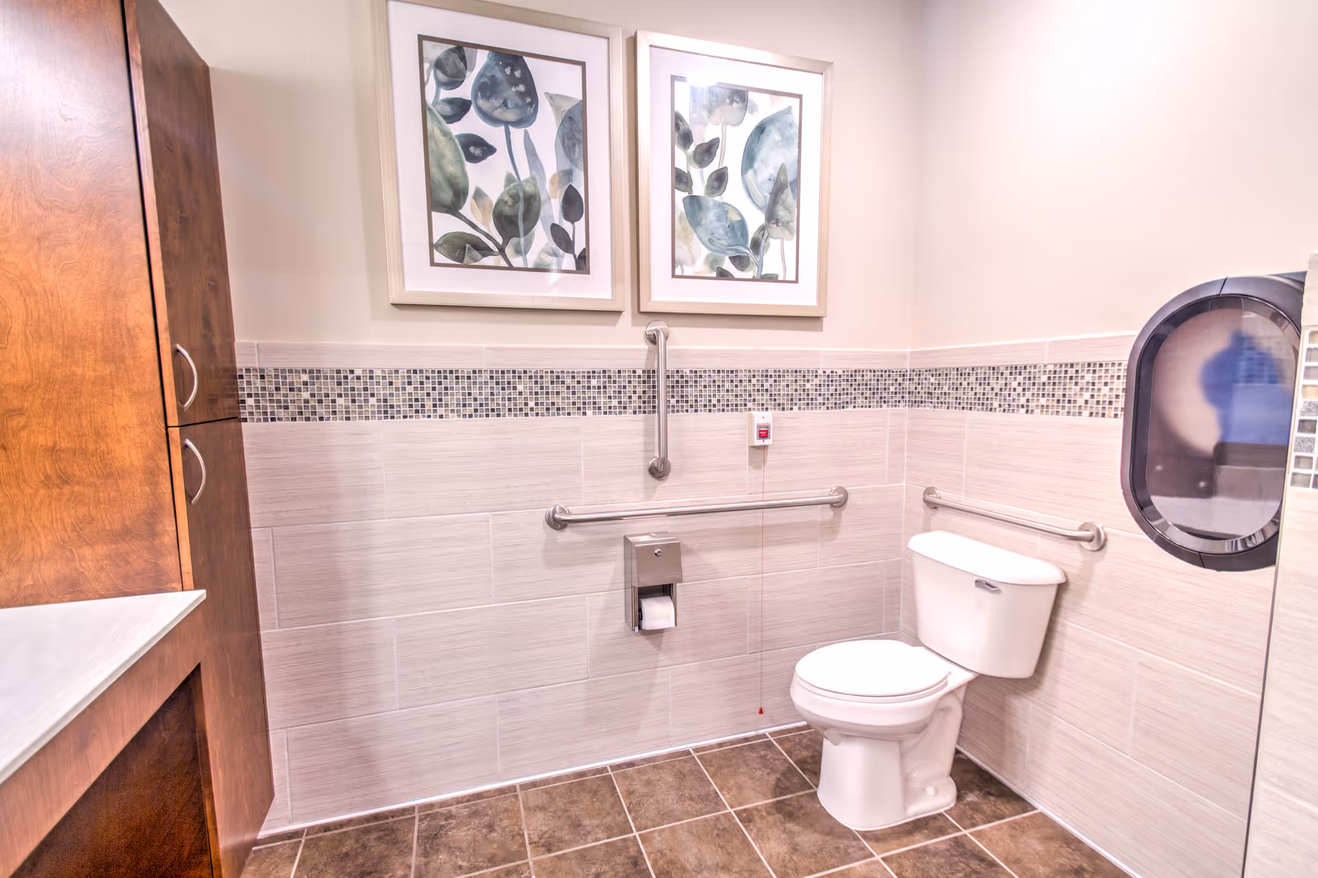 A clean and accessible bathroom with a white toilet, grab bars on the walls, a toilet paper holder, and a paper towel dispenser. The walls are tiled halfway up with a decorative mosaic tile border, and two framed botanical prints hang above the grab bars. There is a wooden cabinet on the left side.