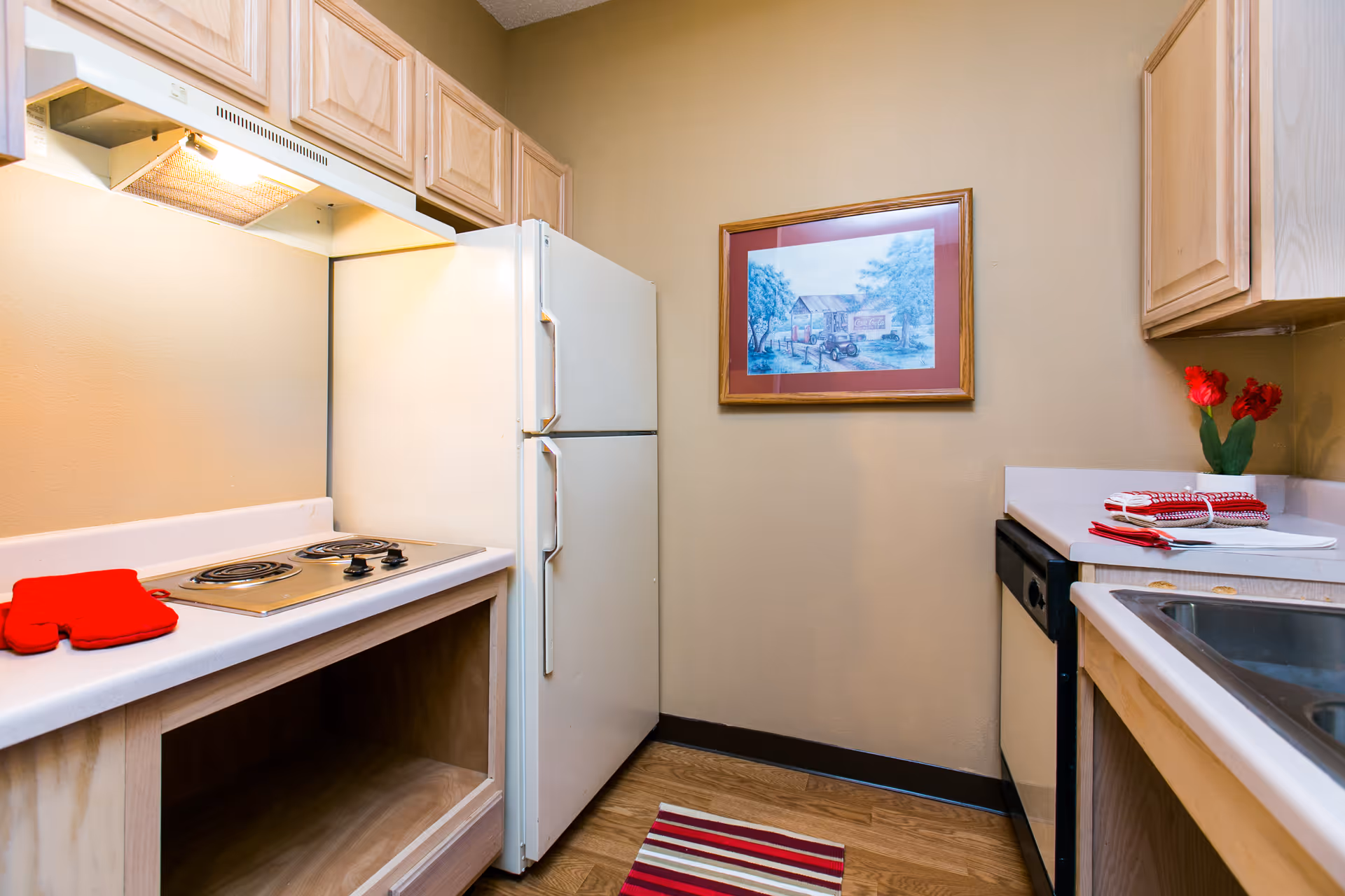 A small kitchen with a white refrigerator, electric stovetop with two burners, wooden cabinets, a dishwasher, a double sink, and a countertop with red oven mitts and folded dish towels. A framed picture hangs on the beige wall, and a striped rug is on the wooden floor.