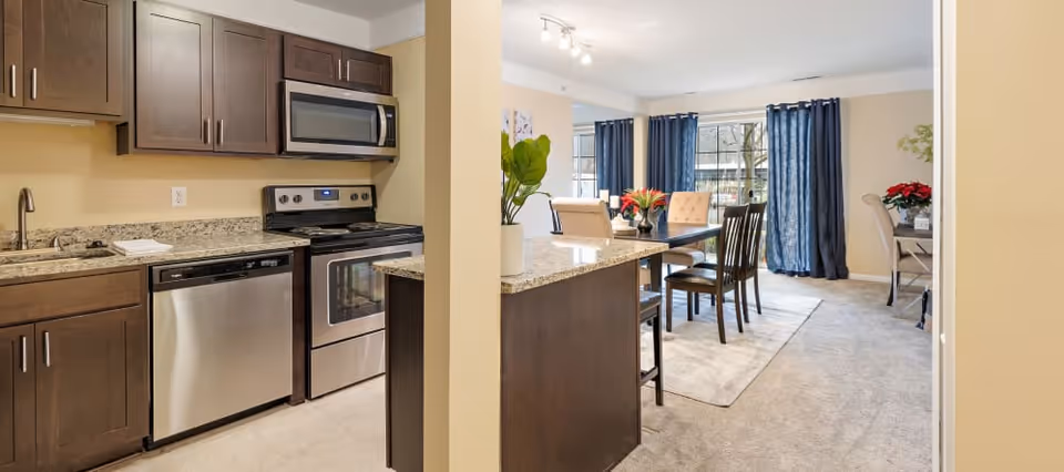 Interior view of a senior living facility showing a kitchen area with dark wood cabinets, stainless steel appliances including a microwave, stove, and dishwasher, and granite countertops. Adjacent to the kitchen is a dining area with a table, chairs, decorative plants, and large windows with blue curtains allowing natural light to enter.