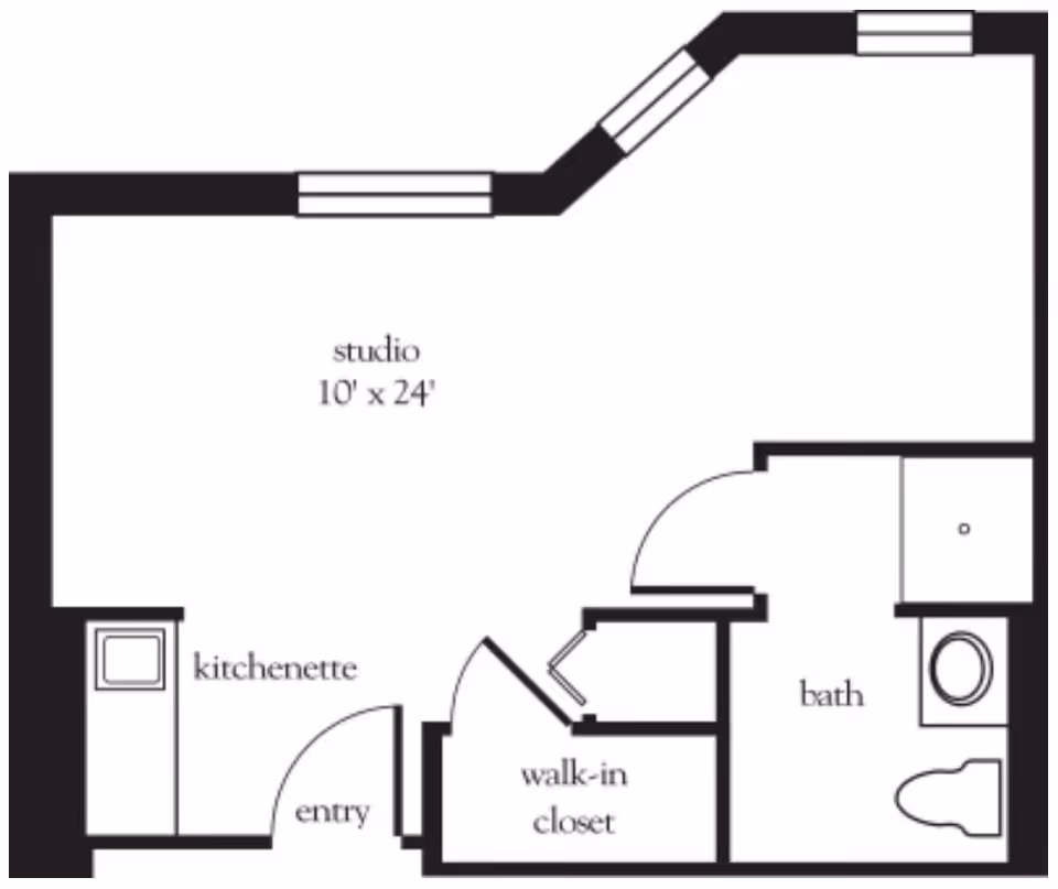 Floor plan of a studio apartment at Atria Glen Cove showing a 10 by 24 feet studio area, kitchenette near the entry, walk-in closet, and a bathroom with a shower, toilet, and sink.