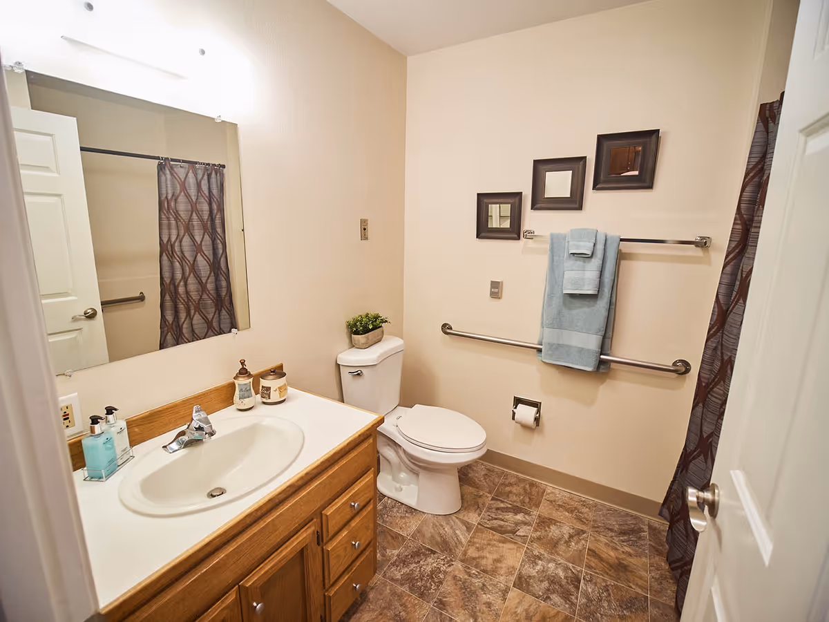 A clean bathroom with a wooden vanity featuring a white sink and faucet, soap dispensers, and decorative jars. There is a toilet next to the vanity with a small potted plant on top. A towel rack with folded blue towels and three small framed mirrors are mounted on the wall above the toilet. The floor has brown patterned tiles and a shower curtain with a geometric pattern is visible in the background.