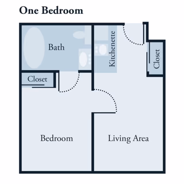 Floor plan of a one-bedroom unit showing a bedroom with a closet, a bathroom, a kitchenette, a living area, and an additional closet near the entrance.