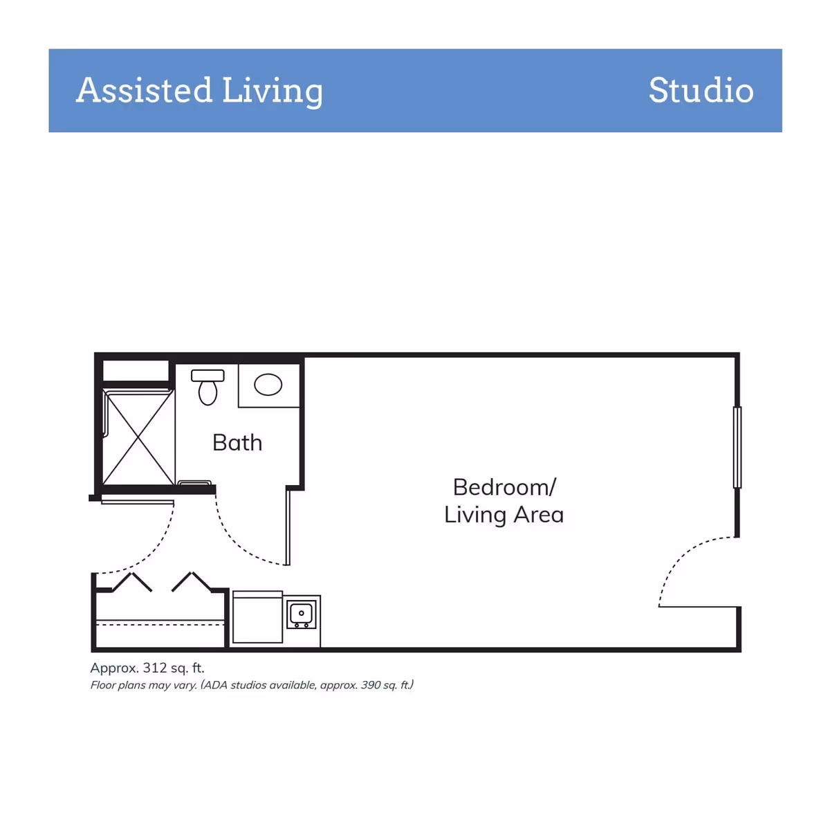Floor plan of a studio assisted living unit showing a combined bedroom and living area, a bathroom with a shower, toilet, and sink, and a small kitchenette area near the entrance. The total area is approximately 312 square feet.