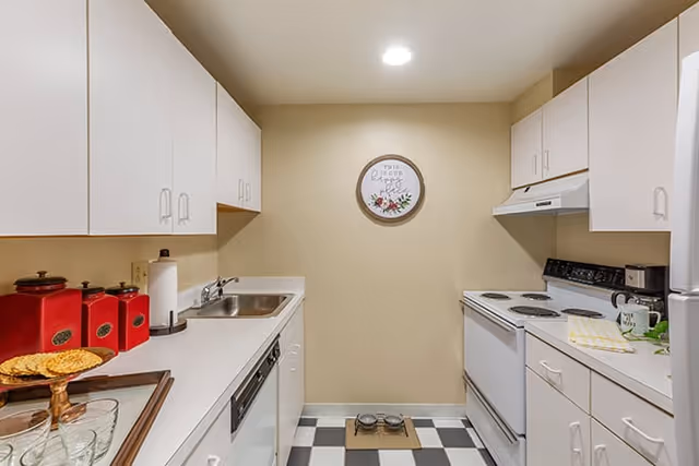 A compact kitchen with white cabinets and countertops on both sides. On the left countertop, there are red canisters, a paper towel holder, and a sink. On the right countertop, there is a white electric stove with a range hood, a toaster, a coffee mug, and a small plant. The floor has a black and white checkered pattern, and a round decorative sign hangs on the beige wall at the end of the kitchen. A pet feeding station with bowls is on the floor beneath the sign.