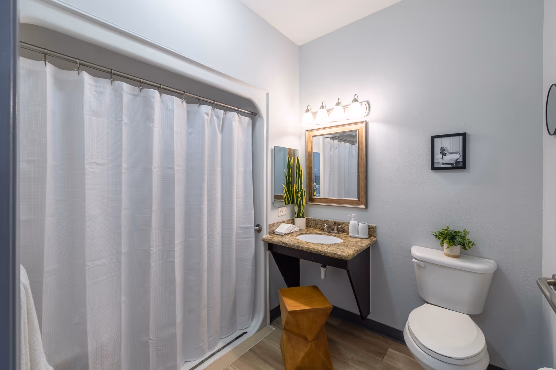 A clean and modern bathroom featuring a white shower curtain, a granite countertop with a sink, a wooden framed mirror above the sink, a small plant on the toilet tank, and a wooden stool under the sink. The walls are painted light gray and there is a small black and white framed picture on the wall.