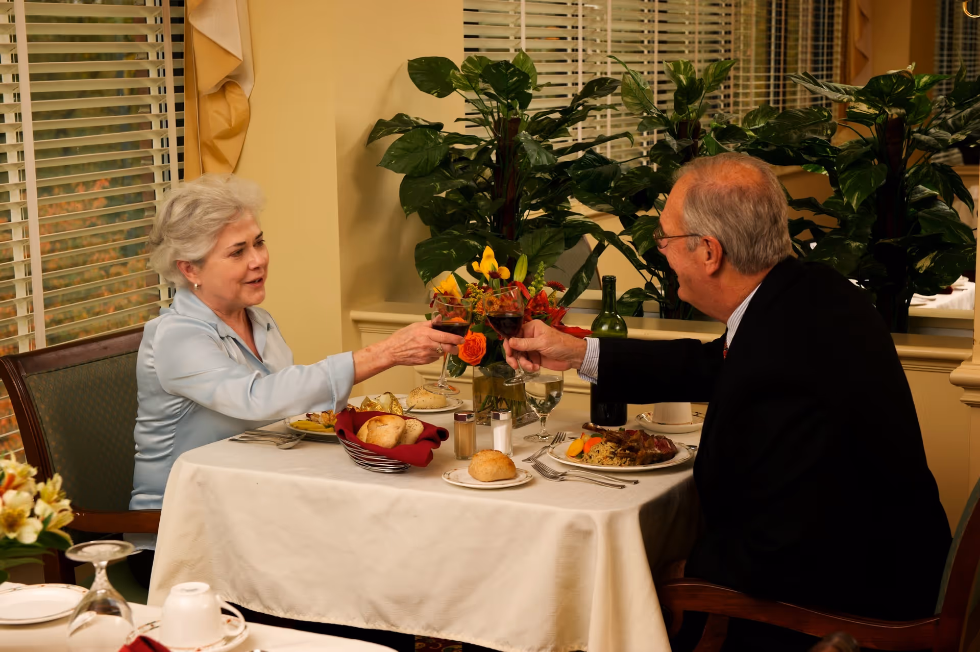 An elderly woman and man sitting at a dining table in a well-lit room, clinking their wine glasses in a toast. The table is set with plates of food, bread rolls, a bottle of wine, and a floral centerpiece. There are large green plants and windows with blinds in the background.