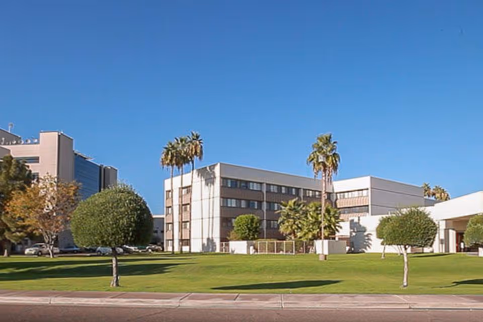 Exterior view of a multi-story building with palm trees and neatly trimmed bushes on a green lawn under a clear blue sky.