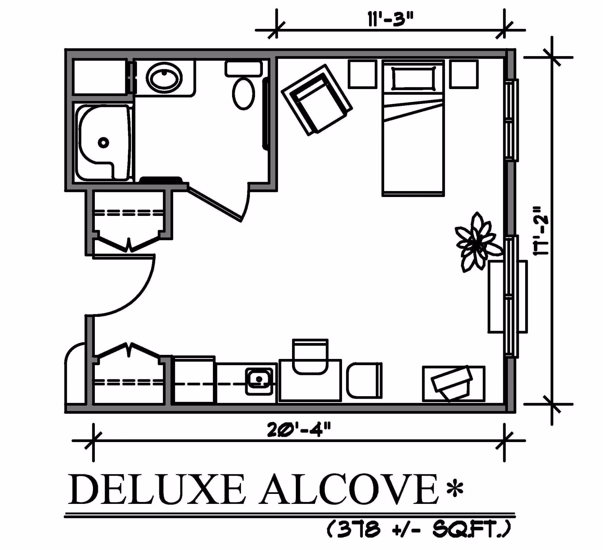 Architectural floor plan of a deluxe alcove apartment unit measuring approximately 378 square feet, showing a combined living and sleeping area with a bed, chair, and small table, a kitchenette with sink and appliances, a bathroom with shower, sink, and toilet, and closets near the entrance.