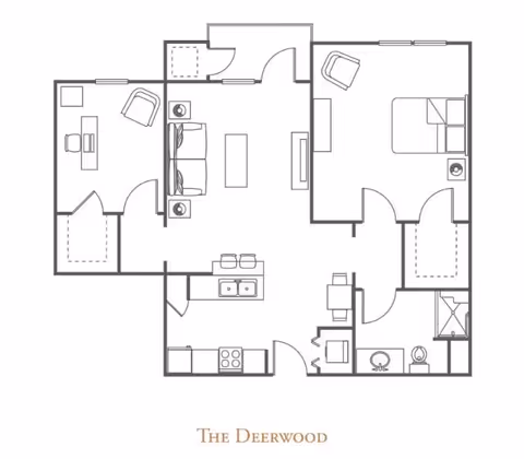 Floor plan layout of The Deerwood unit at The Village of Tanglewood, showing a living room with sofa and chairs, a kitchen with appliances and a breakfast bar, a dining area, a bedroom with a bed and chair, a bathroom with a shower, sink, and toilet, and additional rooms including an office or study area.
