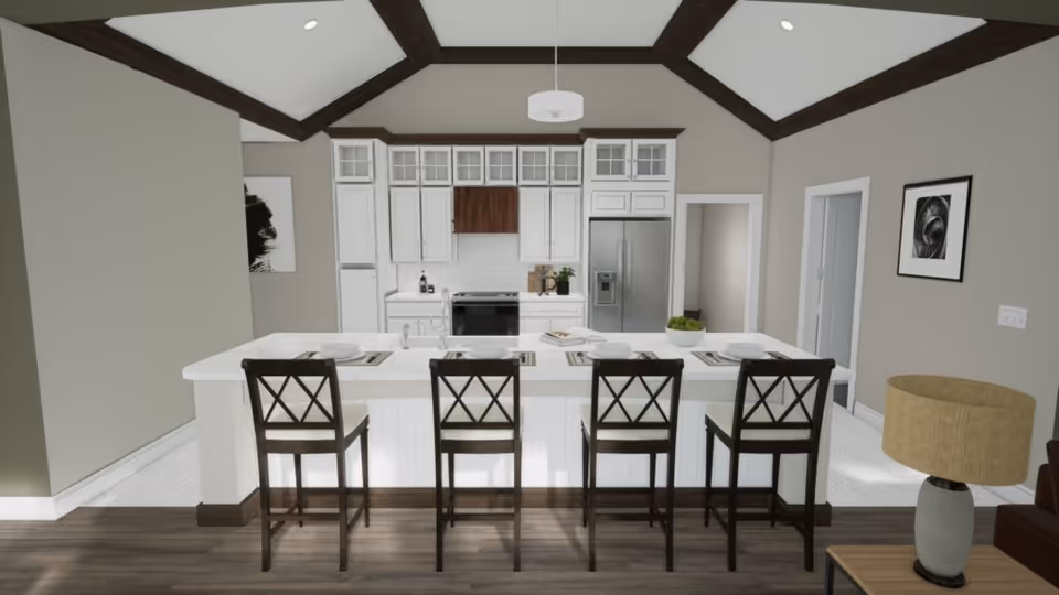 Modern kitchen with white cabinetry, stainless steel refrigerator, and a large island with four dark wooden chairs. The ceiling features exposed dark wooden beams and a hanging light fixture. The kitchen opens to an adjacent room with neutral-colored walls and framed artwork.