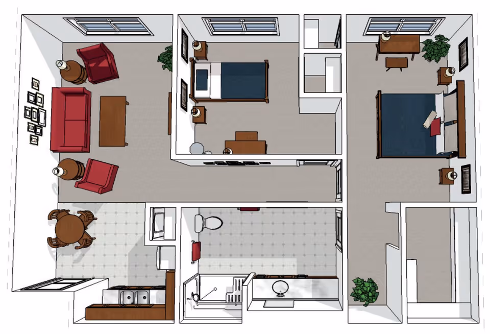 Top-down view of a residential floor plan showing a living room with red sofa and chairs, a dining area with a round table and four chairs, a kitchen with a double sink, a bathroom with a toilet, sink, and shower, a small bedroom with a single bed and desk, and a larger bedroom with a double bed, desk, and nightstands. There are windows and plants in various rooms.