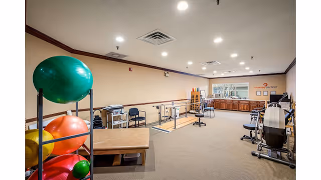 A spacious therapy room with exercise equipment including large colorful therapy balls on a rack, parallel bars for walking exercises, chairs, and various therapy tools. The room has beige walls, carpeted floor, and ceiling lights. A window and cabinets are visible at the far end with a sign that reads 'therapy partner'.