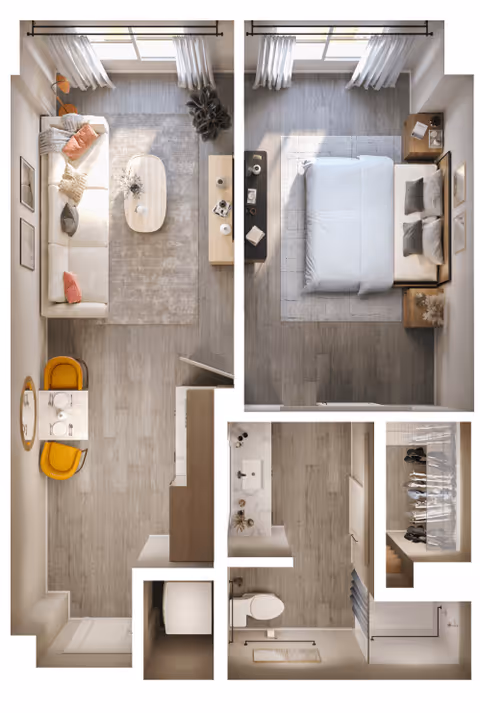 Top-down view of a senior living apartment floor plan featuring a living room with a sofa, coffee table, and two chairs at a small dining table; a bedroom with a bed and nightstands; a bathroom with a toilet and sink; and a closet area with hanging clothes.