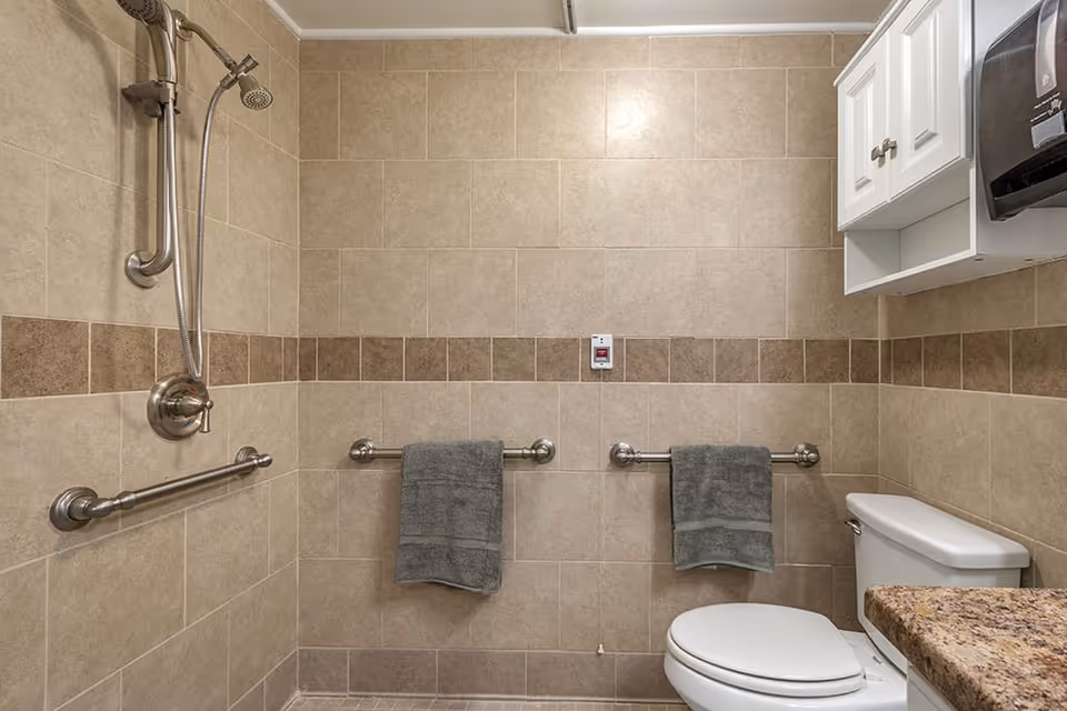 Accessible tiled bathroom with grab bars, a handheld showerhead, toilet, and towels on racks.