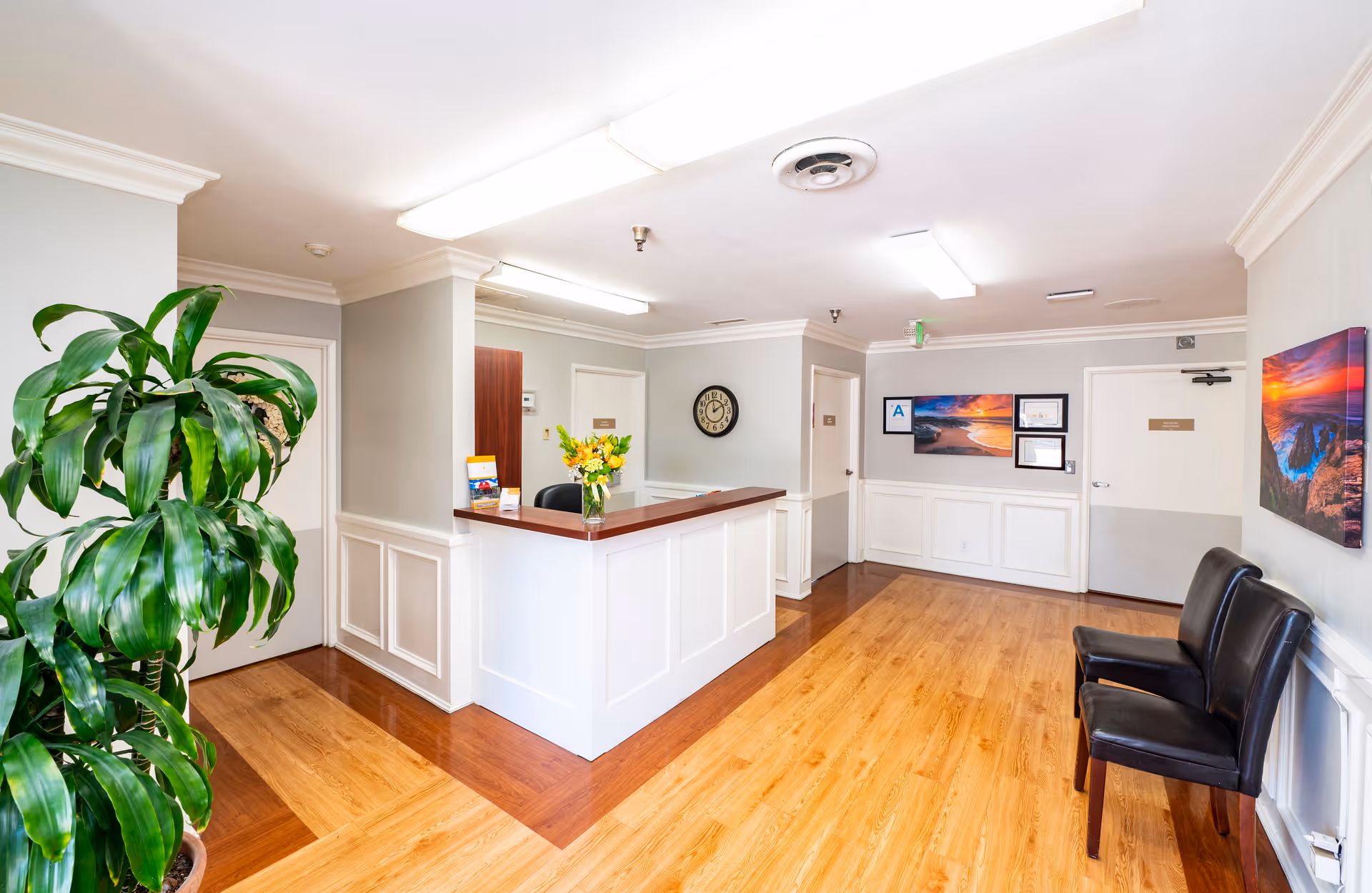 Reception area of a senior living facility with a white reception desk topped with a vase of yellow flowers, a large green potted plant on the left, two black chairs on the right, wooden flooring, and framed landscape artwork on the walls.