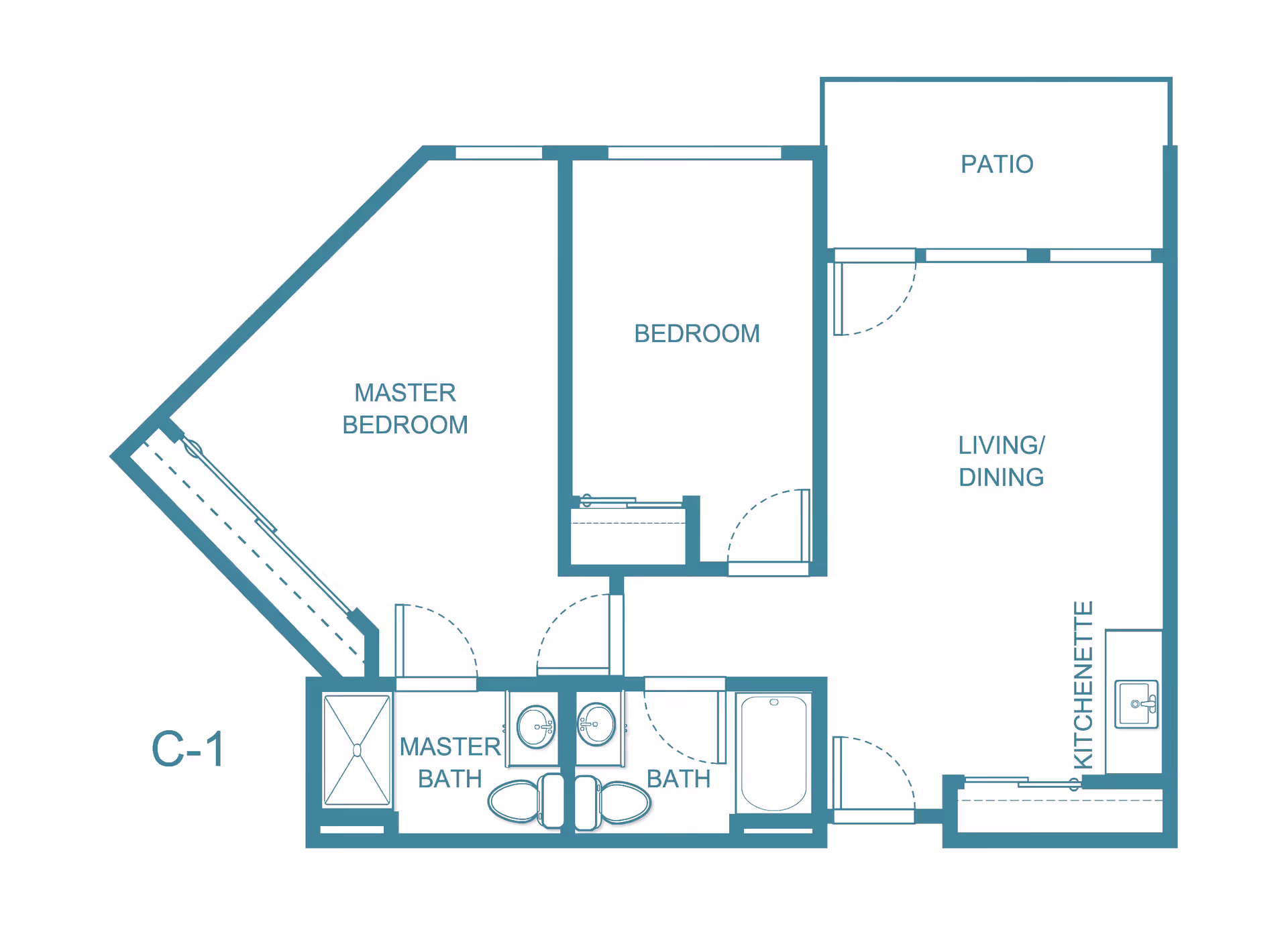 Architectural floor plan of a residential unit at Holiday South Hill showing a master bedroom with attached master bath, a second bedroom, a second bathroom, a living/dining area with kitchenette, and a patio.