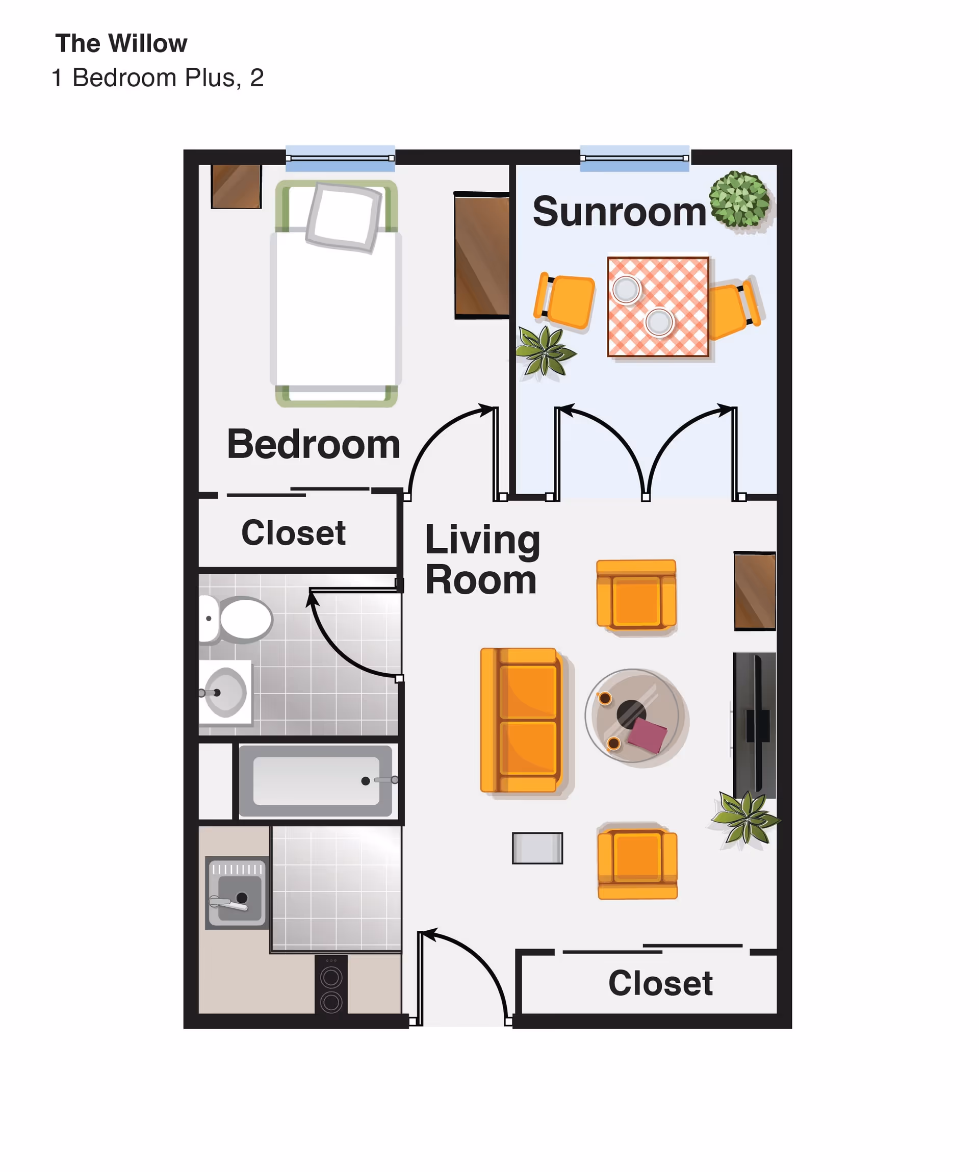 Floor plan of The Willow, a 1 bedroom plus 2 layout at The Meadows of Franklin Grove Assisted Living, showing a bedroom, closet, bathroom, kitchen, living room, sunroom, and additional closet spaces.