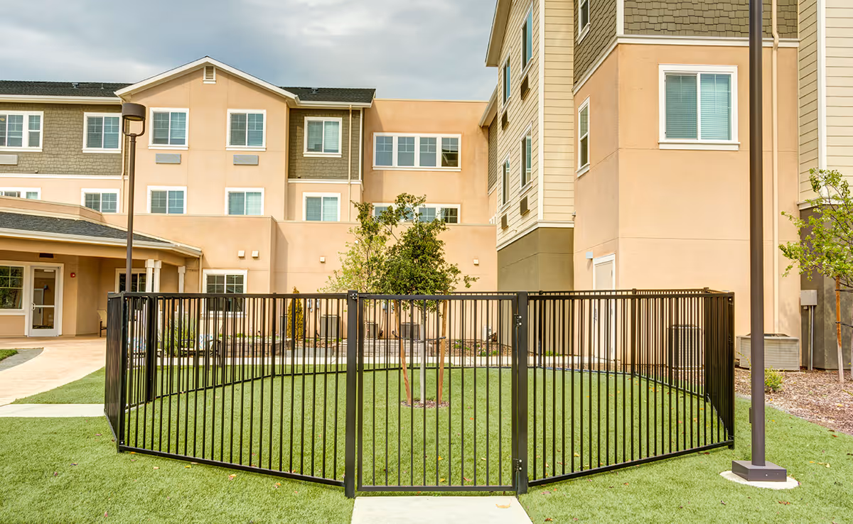Outdoor fenced area with green grass and a small tree in the center, surrounded by a multi-story beige building with multiple windows under a cloudy sky.