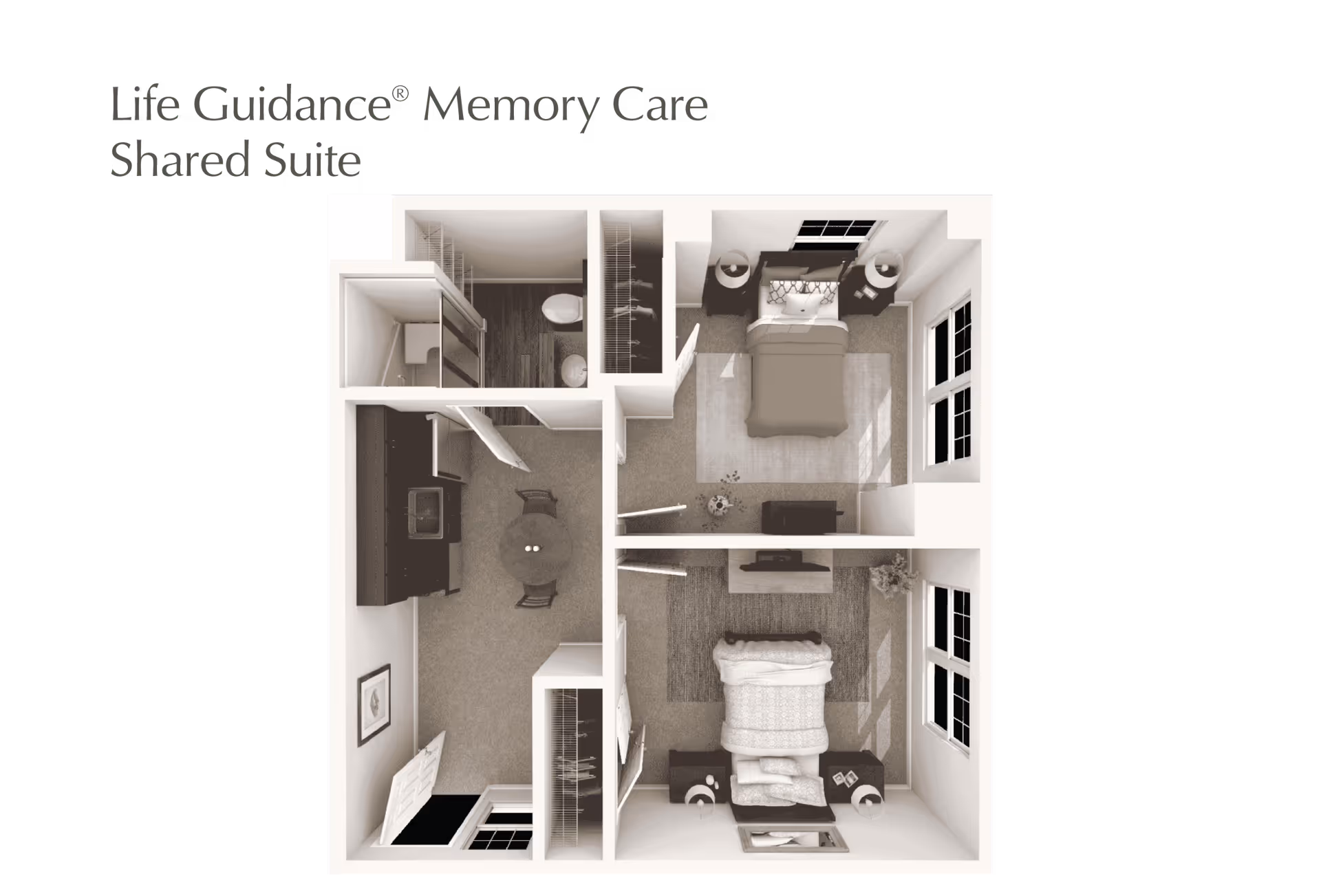 Floor plan of a Life Guidance Memory Care shared suite showing two bedrooms, a shared bathroom, and a small dining area with a round table and two chairs.