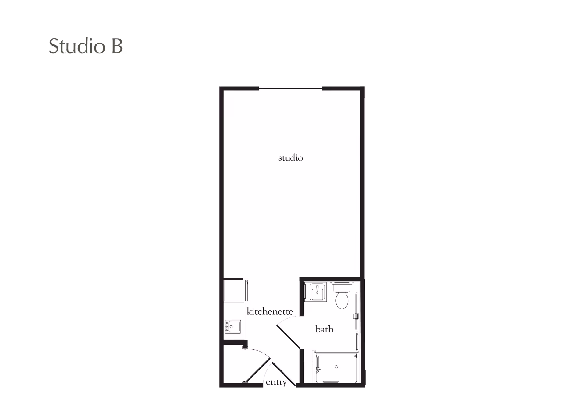 Floor plan labeled Studio B showing a studio apartment layout with an entry, kitchenette, bath, and main studio area.