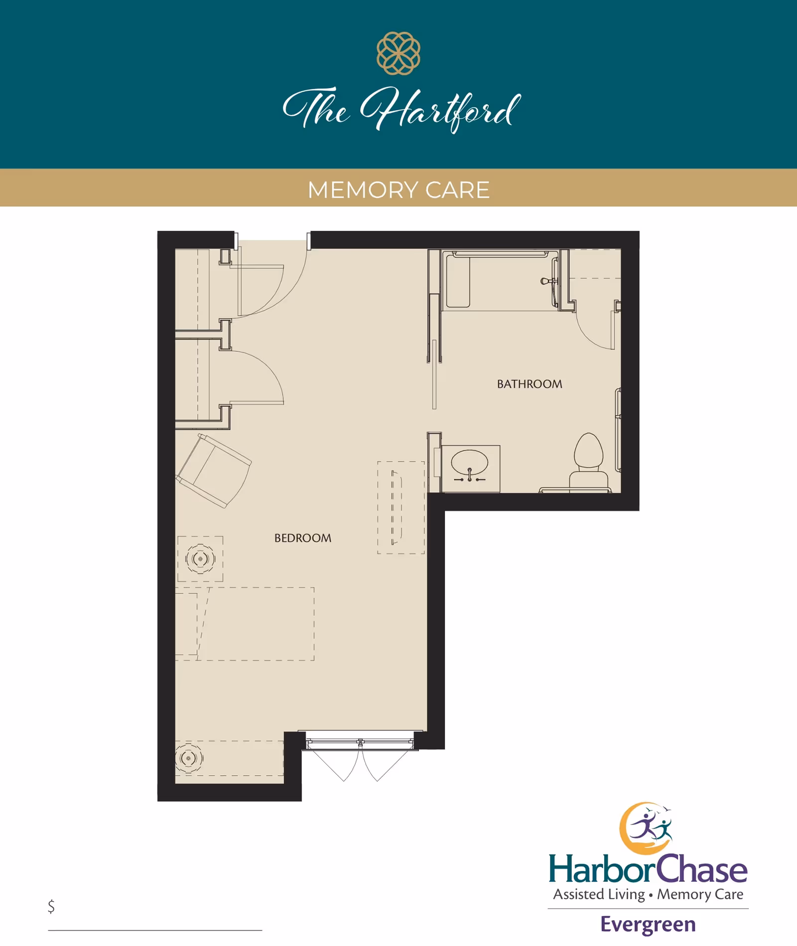 Floor plan layout for The Hartford Memory Care unit showing a bedroom area with furniture placement and an attached bathroom with a sink, toilet, and bathtub.