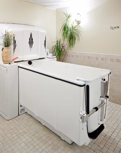 A white assisted bathing tub with black decorative accents in a tiled bathroom. There is a potted plant on a ledge next to the tub and another tall green plant in the corner. The wall has beige tiles with a decorative border and a wall-mounted light fixture above the plants. The word 'Renew' is written on the wall.