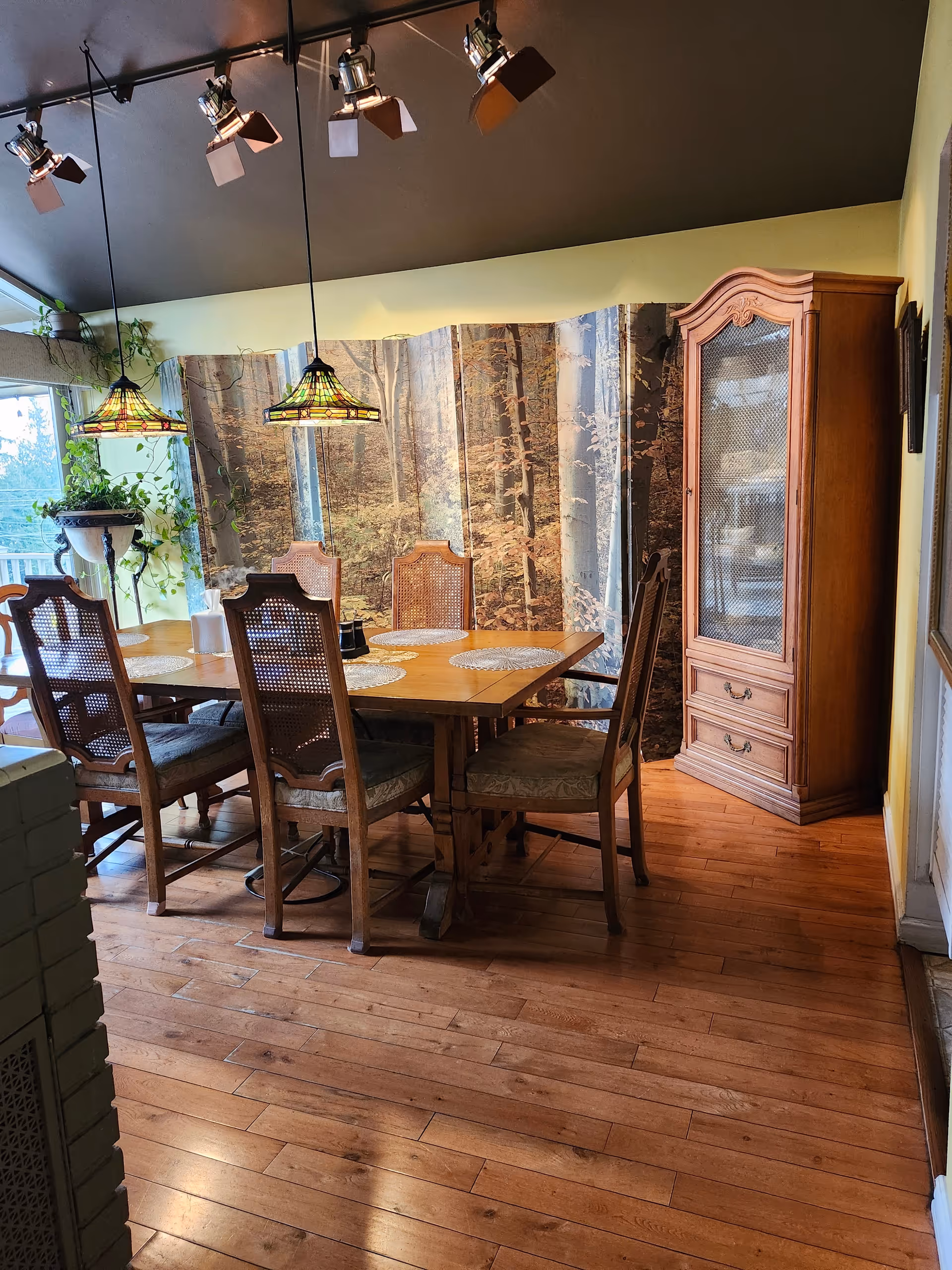 A dining room with a wooden table and six chairs with woven backs. The table has round placemats and a small centerpiece. Two stained glass pendant lights hang above the table. There is a large wooden cabinet with glass doors on the right side. The back wall features a large mural of a forest scene. The floor is wooden, and there are some plants near a window on the left side.