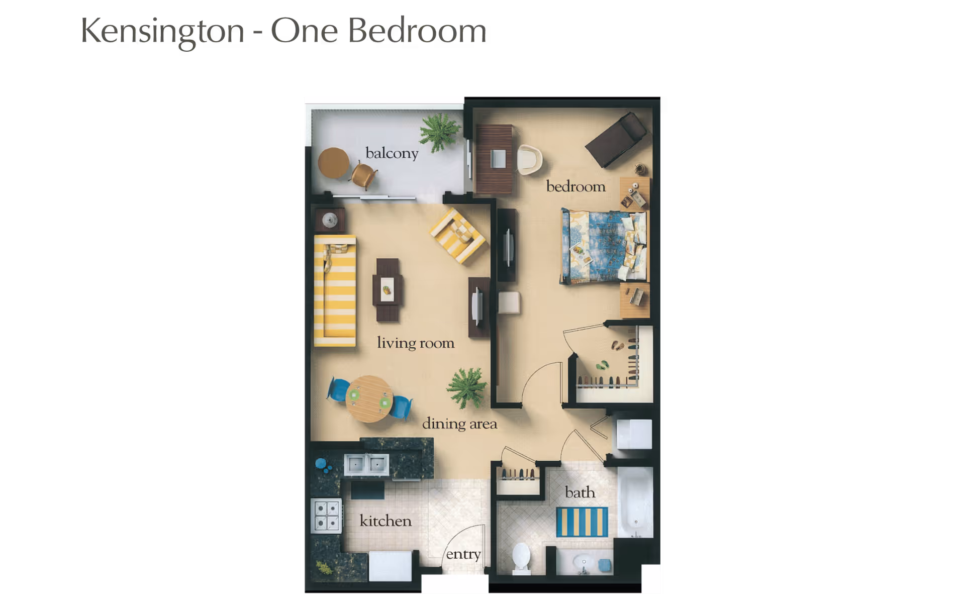 Floor plan of a one-bedroom apartment named Kensington, showing a balcony, living room with seating, dining area with a round table and two chairs, kitchen with appliances, entryway, bathroom with bathtub, toilet, and sink, and a bedroom with a bed, desk, chair, and closet.