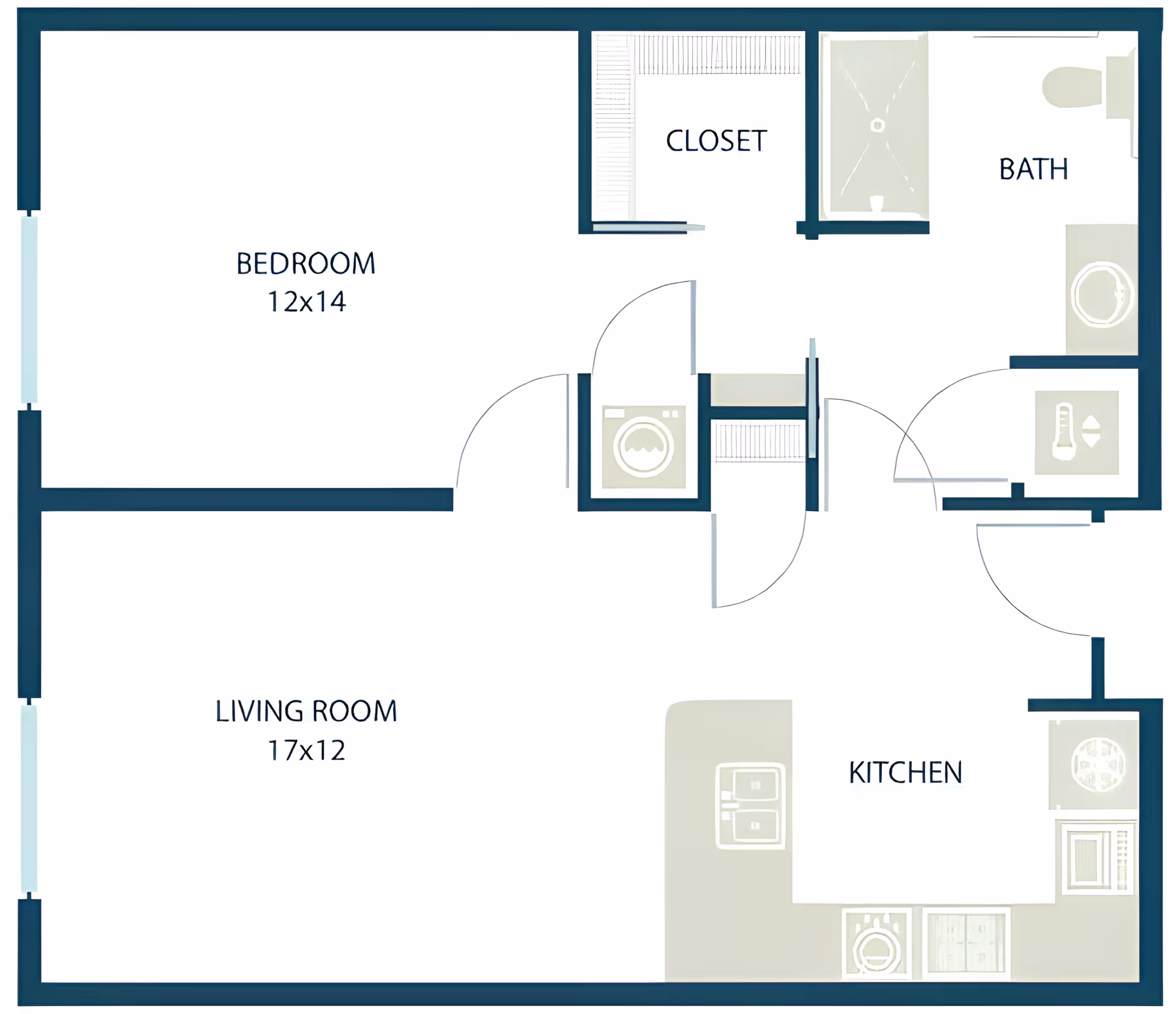 Simple floor plan of a one-bedroom apartment showing a 12x14 bedroom, 17x12 living room, kitchen, bath, closet and entryways.