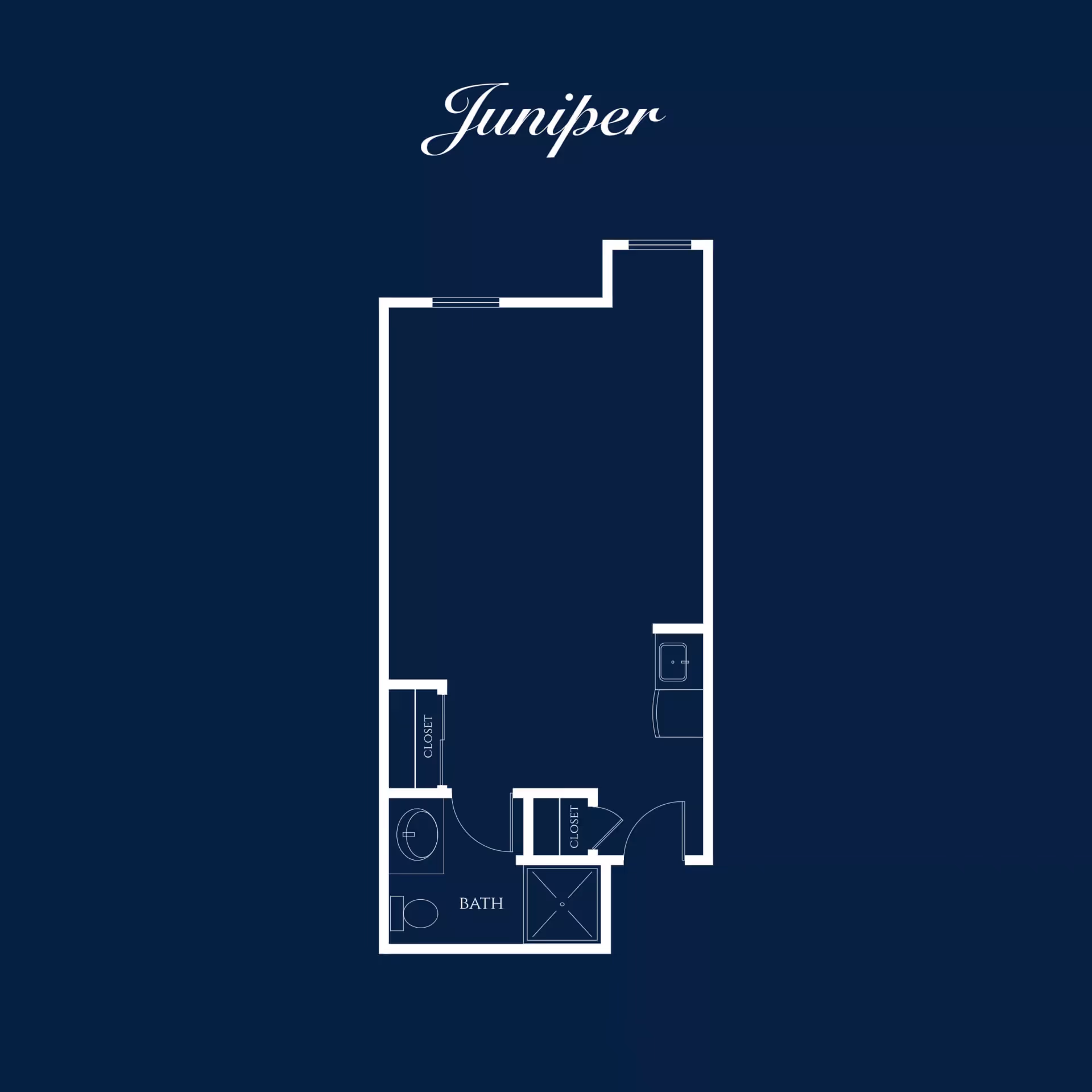 Blueprint-style floor plan titled "Juniper" showing a studio layout with a bathroom, closets, and entryway.
