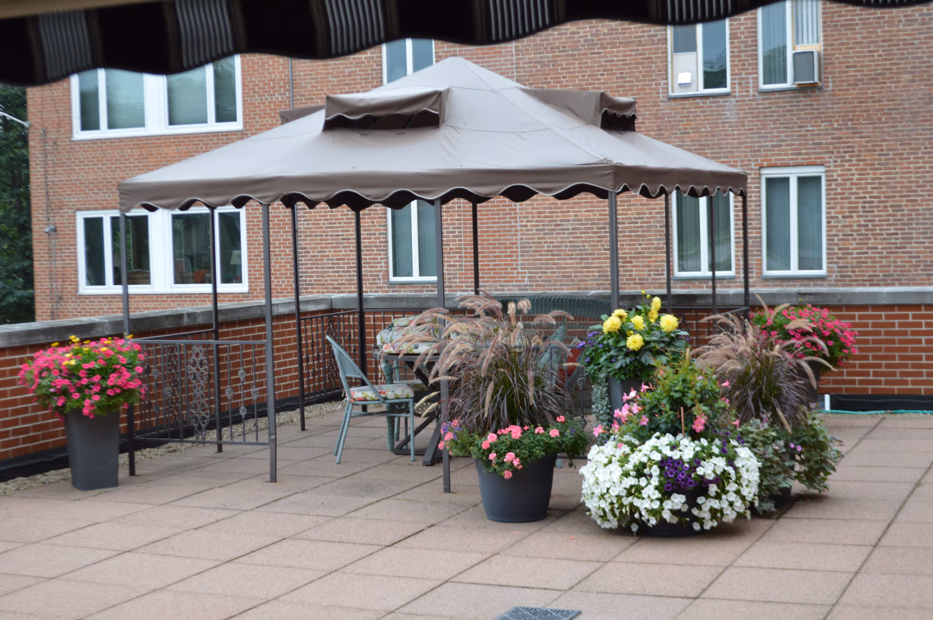A patio with a canopy-covered seating area, chairs and numerous potted flowering plants in front of a brick building.
