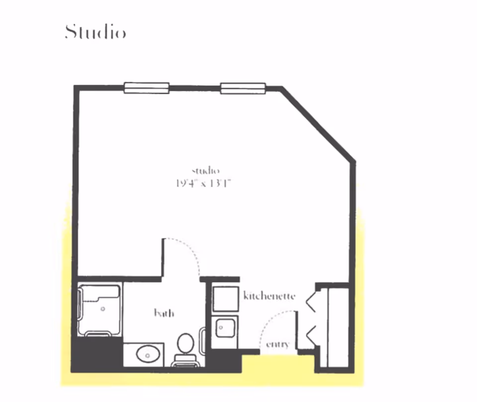 Floor plan of a studio apartment at Spring Village Stratford showing a main studio room measuring 19 feet 4 inches by 13 feet 1 inch, a bathroom with a bathtub, toilet, and sink, a kitchenette area, and an entryway.