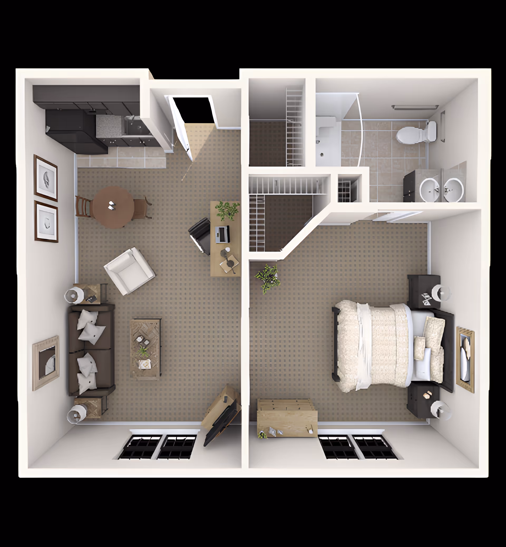 Top-down view of a one-bedroom apartment floor plan featuring a living room with a sofa, armchair, coffee table, and TV, a small dining area with a round table and two chairs, a kitchen with black cabinets and appliances, a bedroom with a bed, nightstands, dresser, and lamps, and a bathroom with a shower, toilet, and double sink vanity.